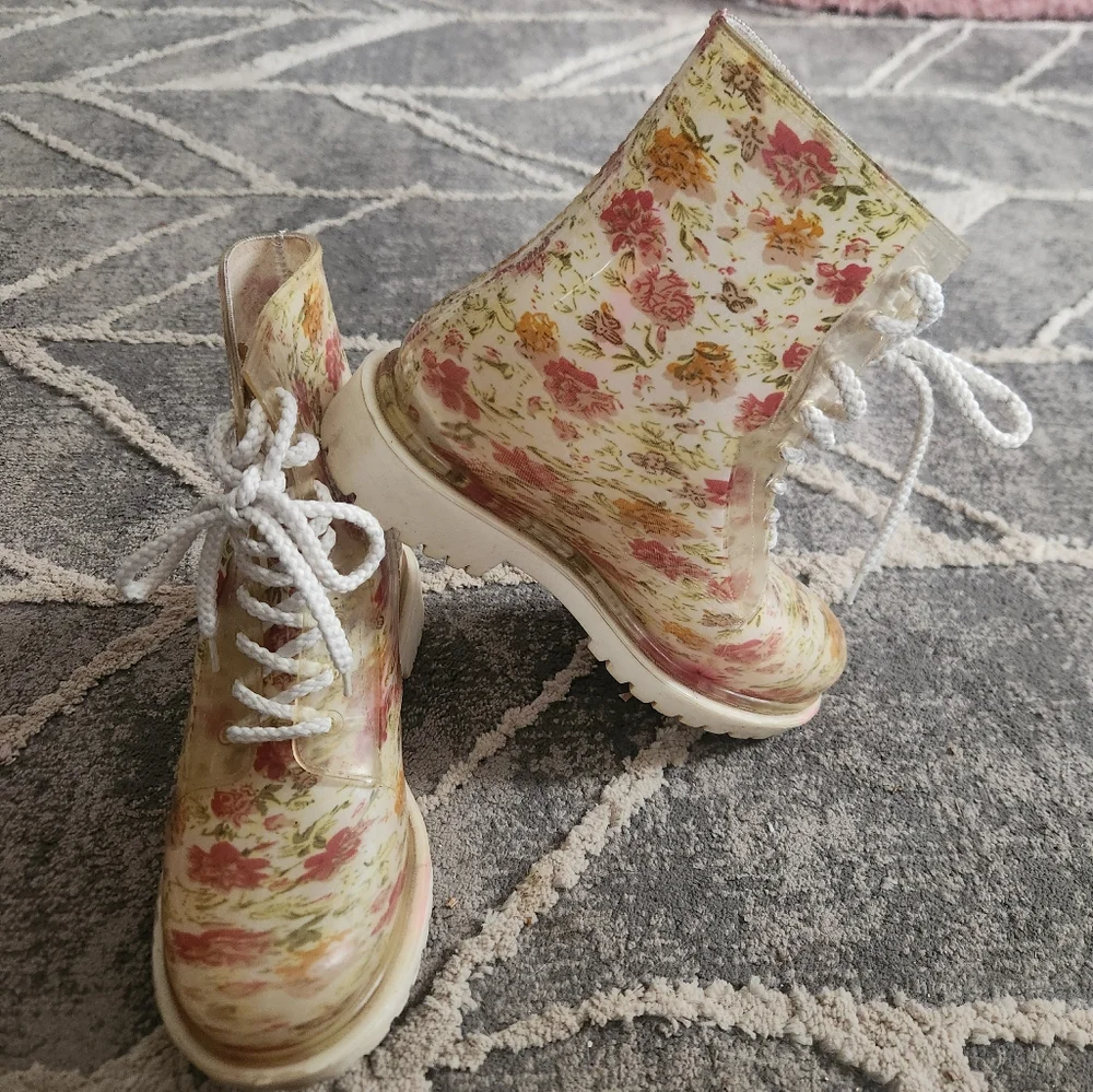 Dirty Laundry Floral Clear Rain Boots - Pink, Cream, Green